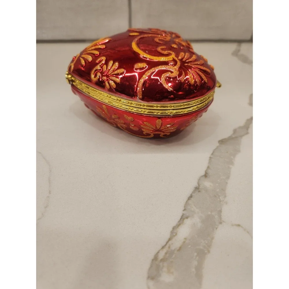 Vintage Christopher Radko Red Gold Glitter‎ Heart Hinged Trinket Box Jewelry Box